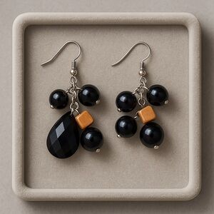 Premier Designs SERENDIPITY Black Wood Beads Silvertone New 1.5" #420